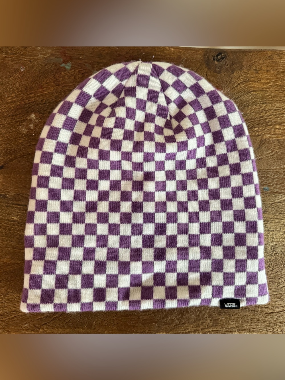Vans Girls “Off The Wall” Purple and White Soft Cozy Checkerboard Beanie hat